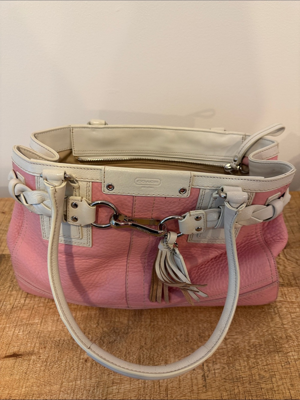 Coach Pink and White Leather Shoulder Bag with Tassel